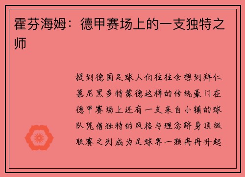 霍芬海姆：德甲赛场上的一支独特之师